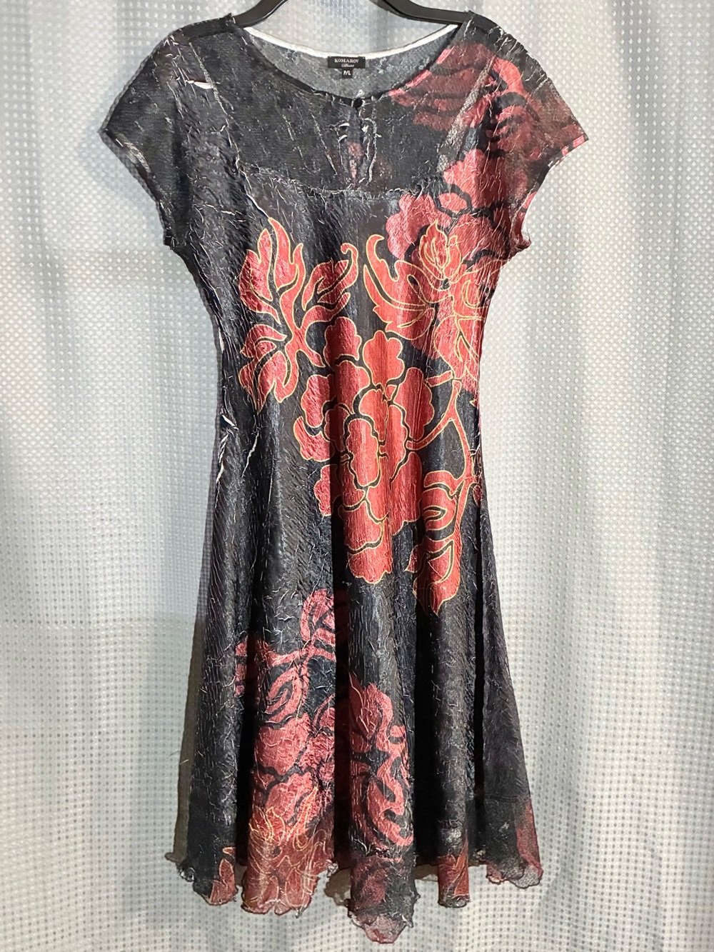 Komarov Red Flower Dress Sz P/L wrinkle Texture Fit & Flare Party Club USA made